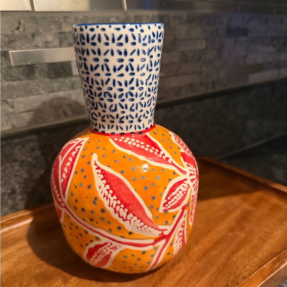 Anthropologie Blue and Orange Floral Vase